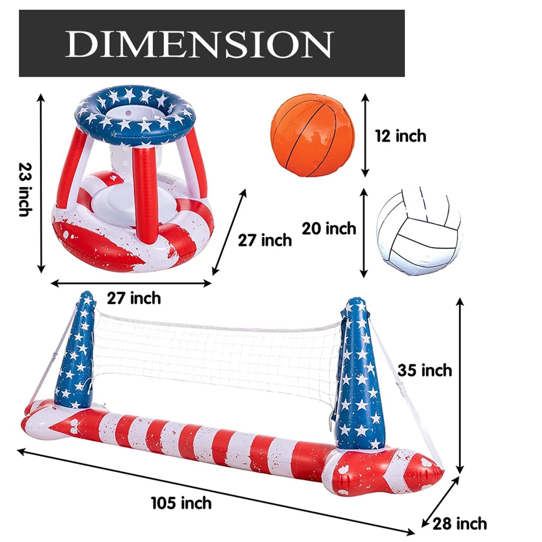 Inflatable Pool Flag Floats Set Volleyball Net & Basketball Hoops