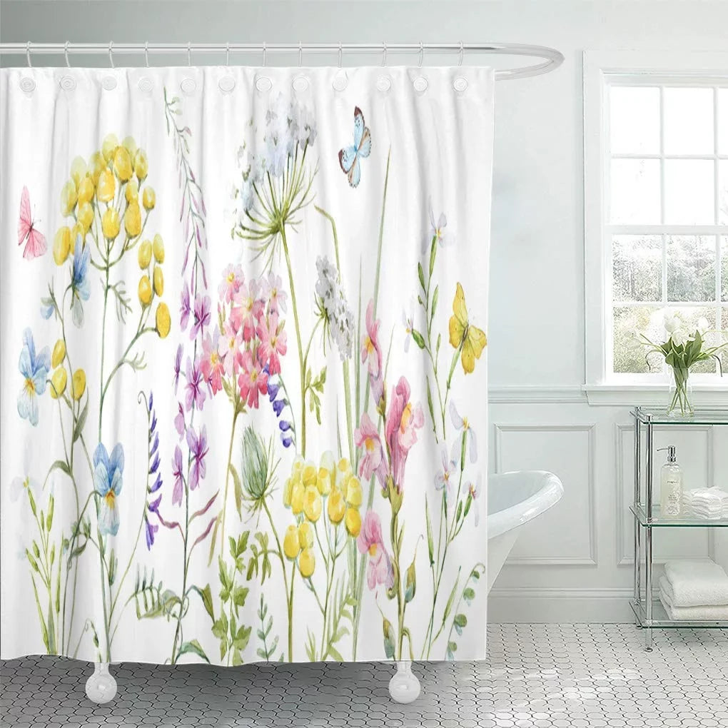 Libin Watercolor Wildflowers Tansy Yellow Buttercup Blue Pansies Tender Pink Shower Curtain 66x72 inch