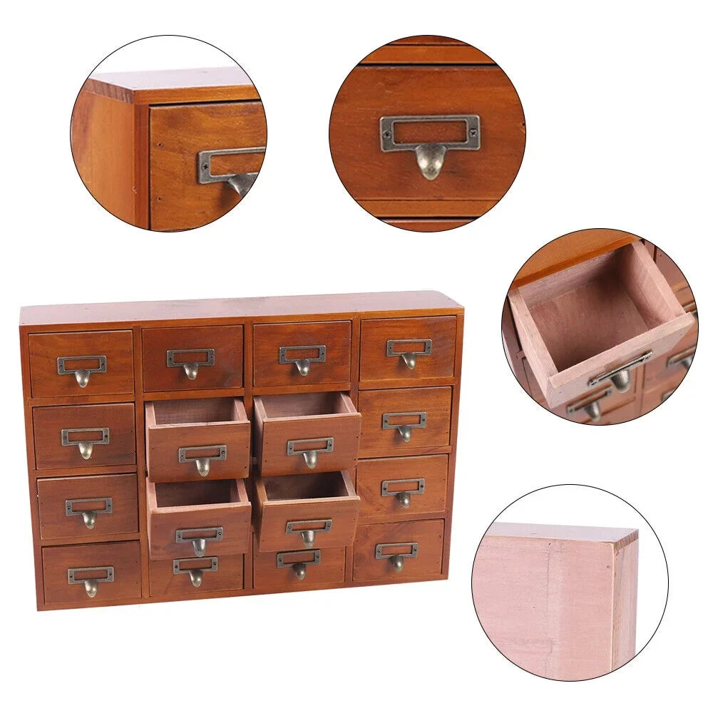 16 Drawers Vintage Wood Apothecary Medicine Cabinet Label Holder Card Catalog