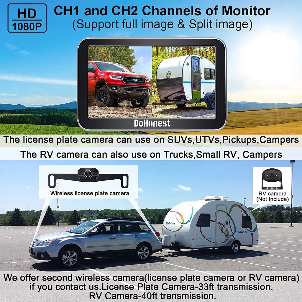 DoHonest Wireless Backup Camera 7-Inch: Plug and Play Easy to Install Truck Car Monitor Kit  1080P Bluetooth Reverse Cam for Pickup Camper Van Stable Signal 2 Channel Night vision Auto-Switching