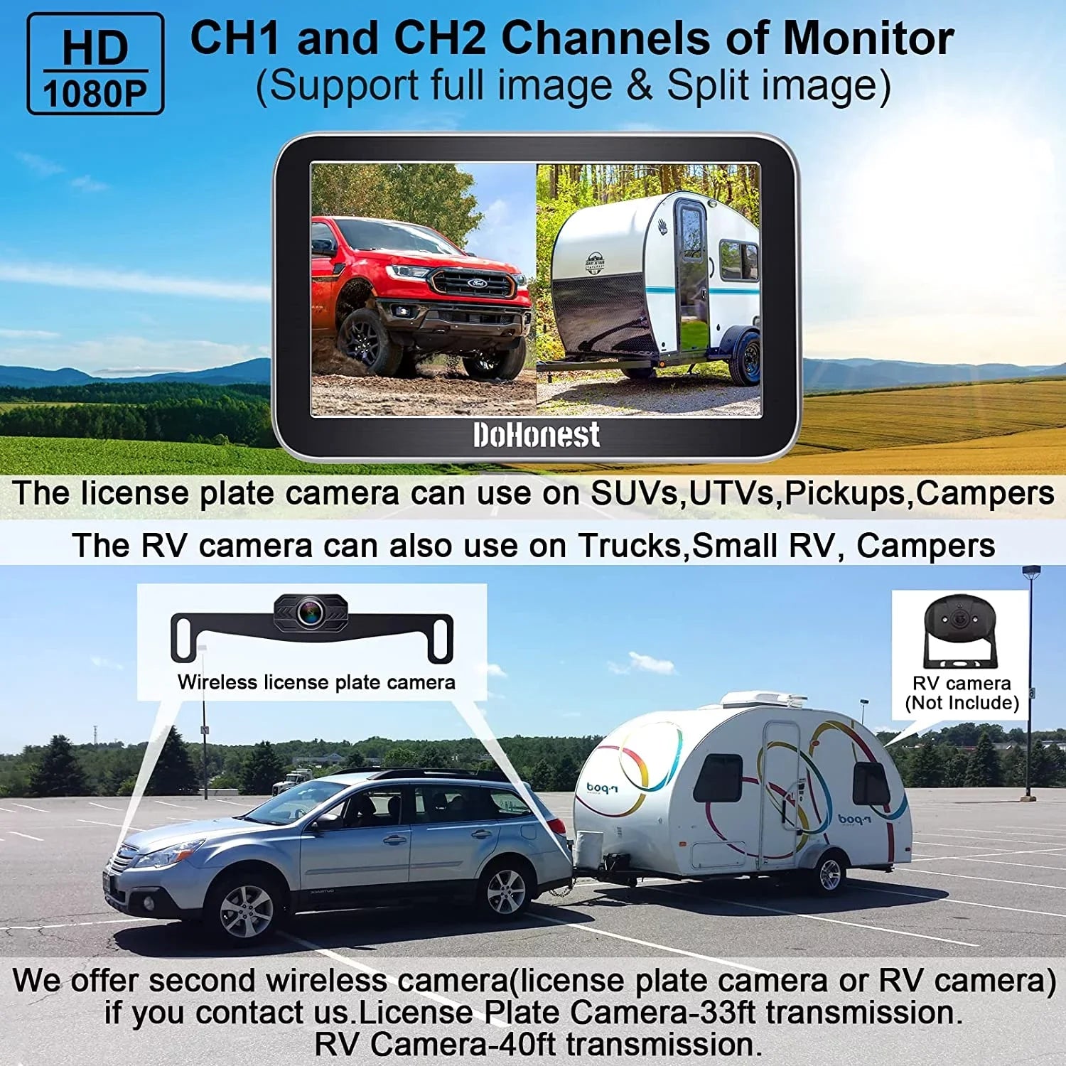 DoHonest Wireless Backup Camera 7-Inch: Plug and Play Easy to Install Truck Car Monitor Kit  1080P Bluetooth Reverse Cam for Pickup Camper Van Stable Signal 2 Channel Night vision Auto-Switching