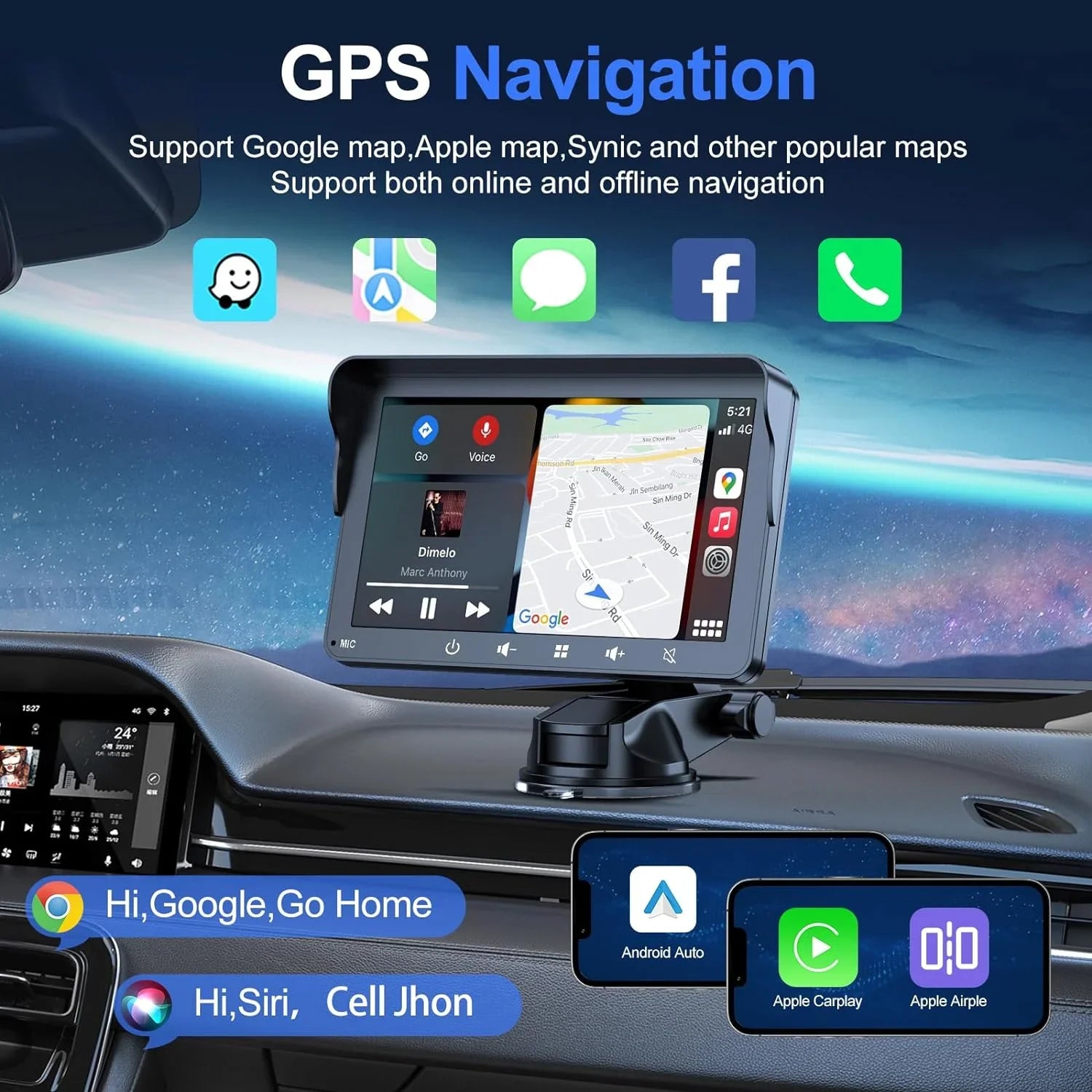 7"  Double Din Car Stereo, Portable Wireless Apple Carplay & Android Auto with Backup Camera,  Touch Screen Stereo with Bluetooth, Multimedia Player, Car Audio with Mirror Link//