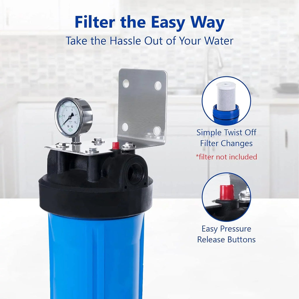 Whole House Water Filter Housing, Universal 20-Inch Housing 4.5”  20”, 1-Inch  Inlet Outlet, Heavy Duty Standard Size Replacement Includes Bracket, Pressure Gauge, Wrench
