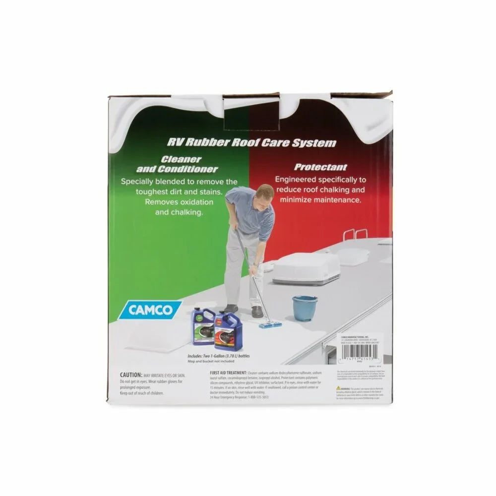 Camco Pro-Tec Camper/ Rubber Roof Care System | Two Step Treatment Rids Dirt/Grime & Reduces Roof Chalking | Extends the Life of  & Trailer Rubber Roofs - 2 Gallons (41453)