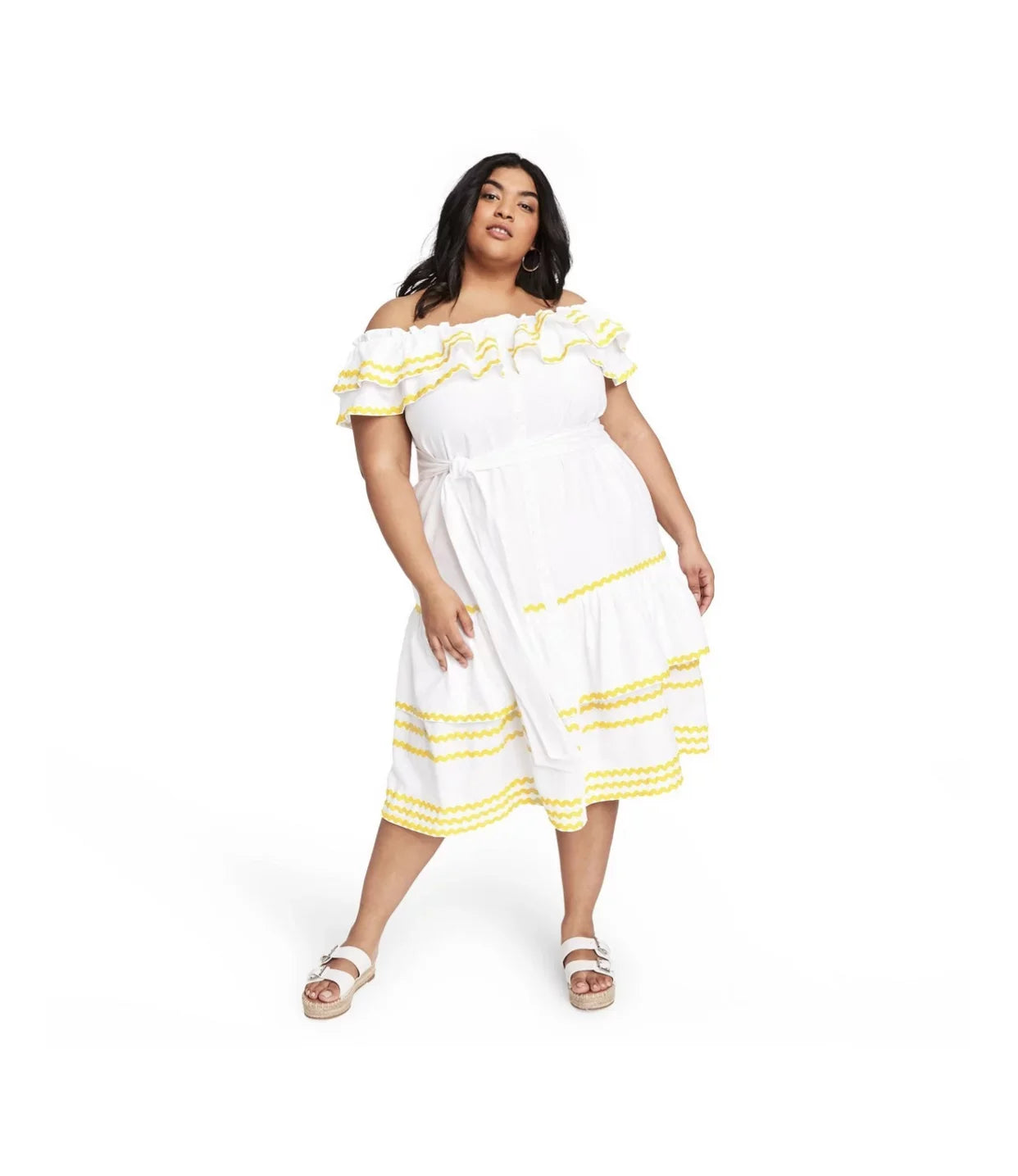 Lisa Marie Fernandez Women's Plus Size Ric Rac Off the Shoulder Dress - White/Yellow, 1X