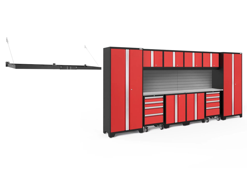 NewAge Products Bold Series Red 13 Piece Cabinet Set, Heavy Duty 24-Gauge Steel Garage Storage System, Slatwall / Wall Mounted Shelf Included