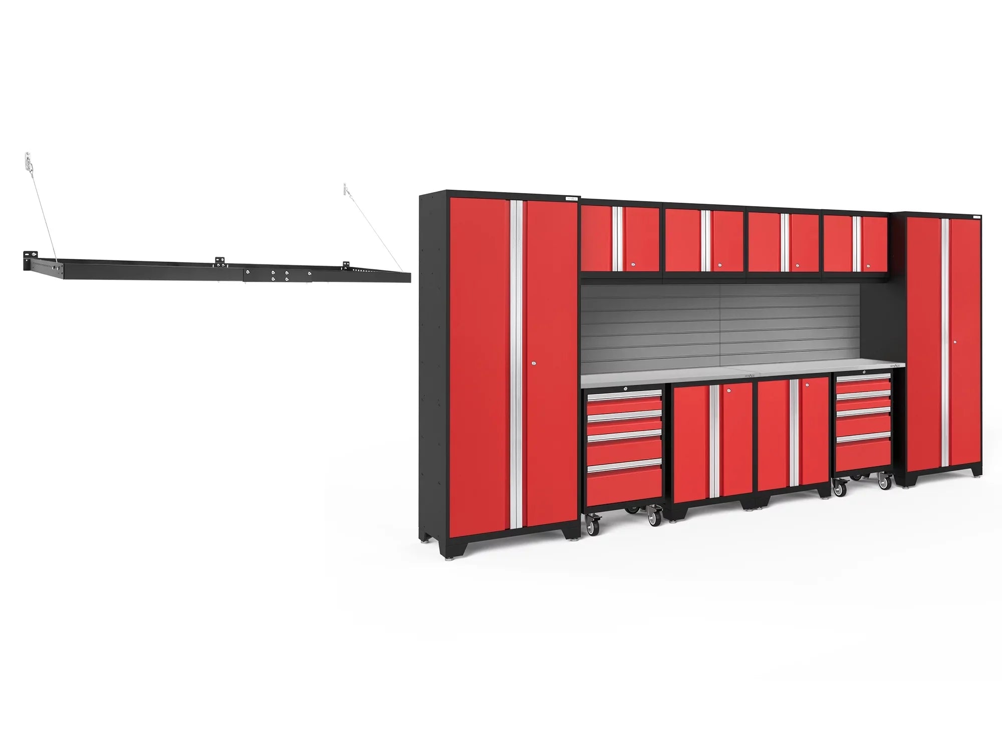 NewAge Products Bold Series Red 13 Piece Cabinet Set, Heavy Duty 24-Gauge Steel Garage Storage System, Slatwall / Wall Mounted Shelf Included