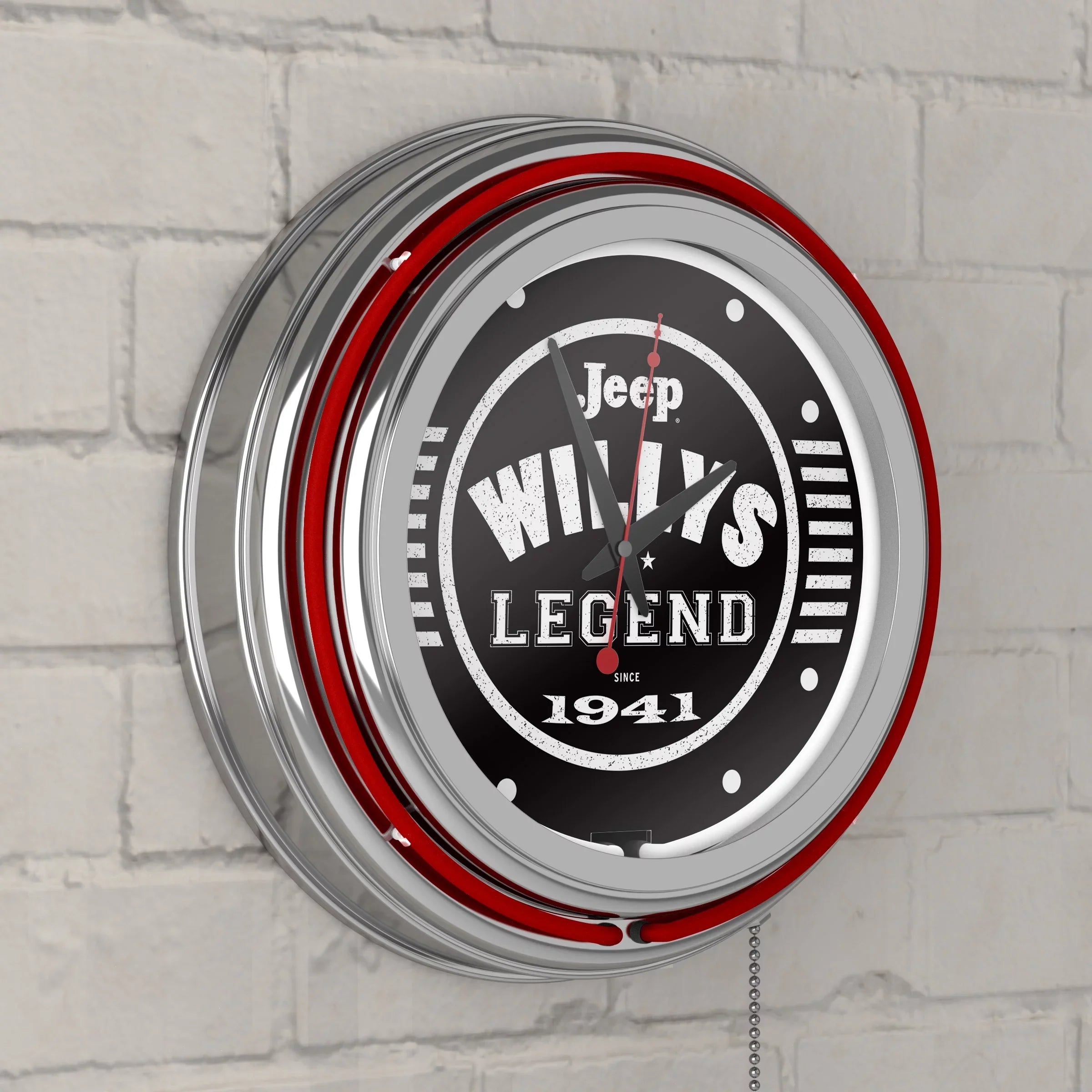 Neon Wall Clock-Jeep Willys Legend Black Double Rung Analog Clock with Pull Chain-Pub, Garage, or Man Cave Accessories (Red)