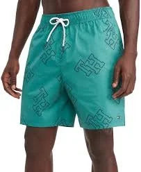 Tommy Hilfiger Mens Allover Monogram Print Swim Trunks Small 7" Inseam Green