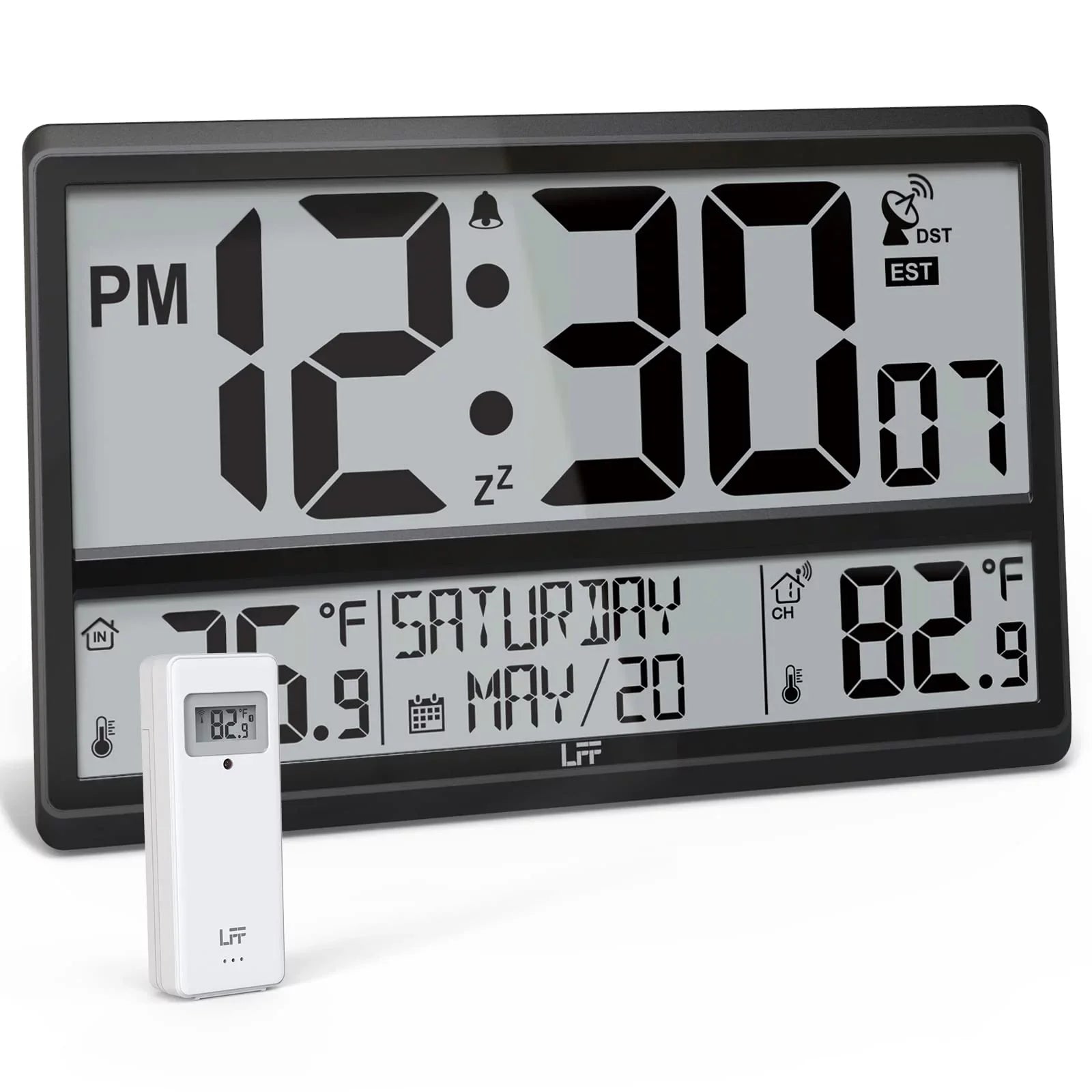 Atomic Clock / Never Needs Setting, Battery Operated, Indoor / Outdoor Temperature, Atomic Wall Clock with 4.5" Numbers Easy-to-Read, 15" Large Digital Wall Clock with Wireless Outdoor Sensor