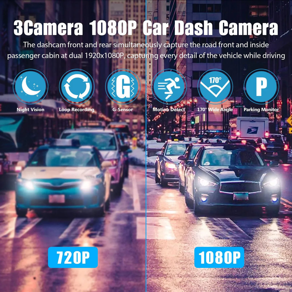 3 Channel Dash Cam Front and Rear Inside /32GB  Card, Full  1080P Dash Camera for Cars, Dashcam Three Way Triple Car Camera / Night Vision, Loop Recording, -Sensor, Parking Monitor
