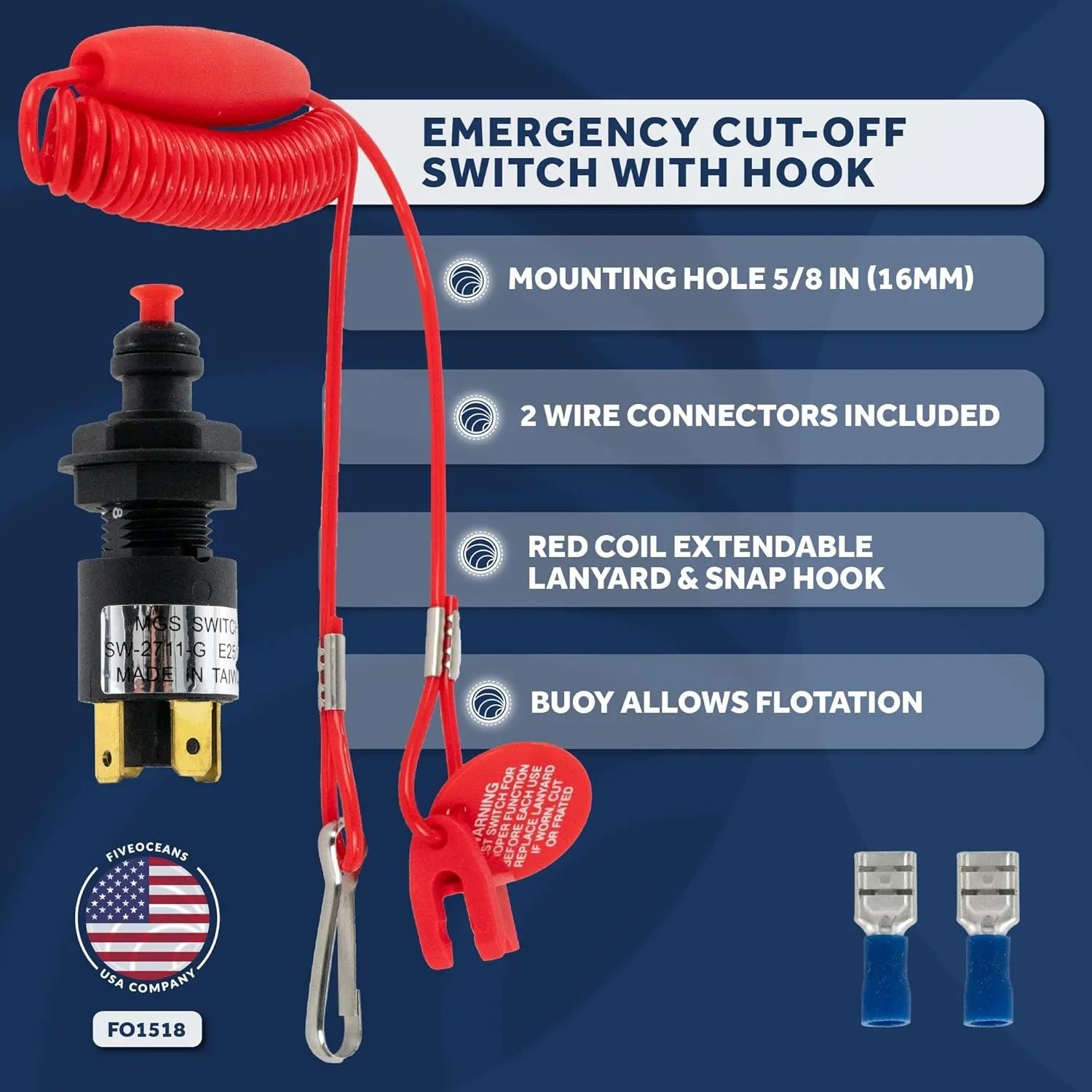 Five Oceans Marine Universal Emergency Cut-Off Switch, Kill Switch, Engine Shut-Off Switch 12VDC, Coil Extendable Lanyard, Snap Hook and Red Buoy, for Jet Ski, Inflatable Boats, ATVs -