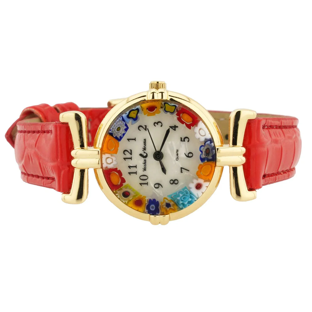 GlassOfVenice Murano Glass Millefiori Watch with Leather Band - Red Multicolor