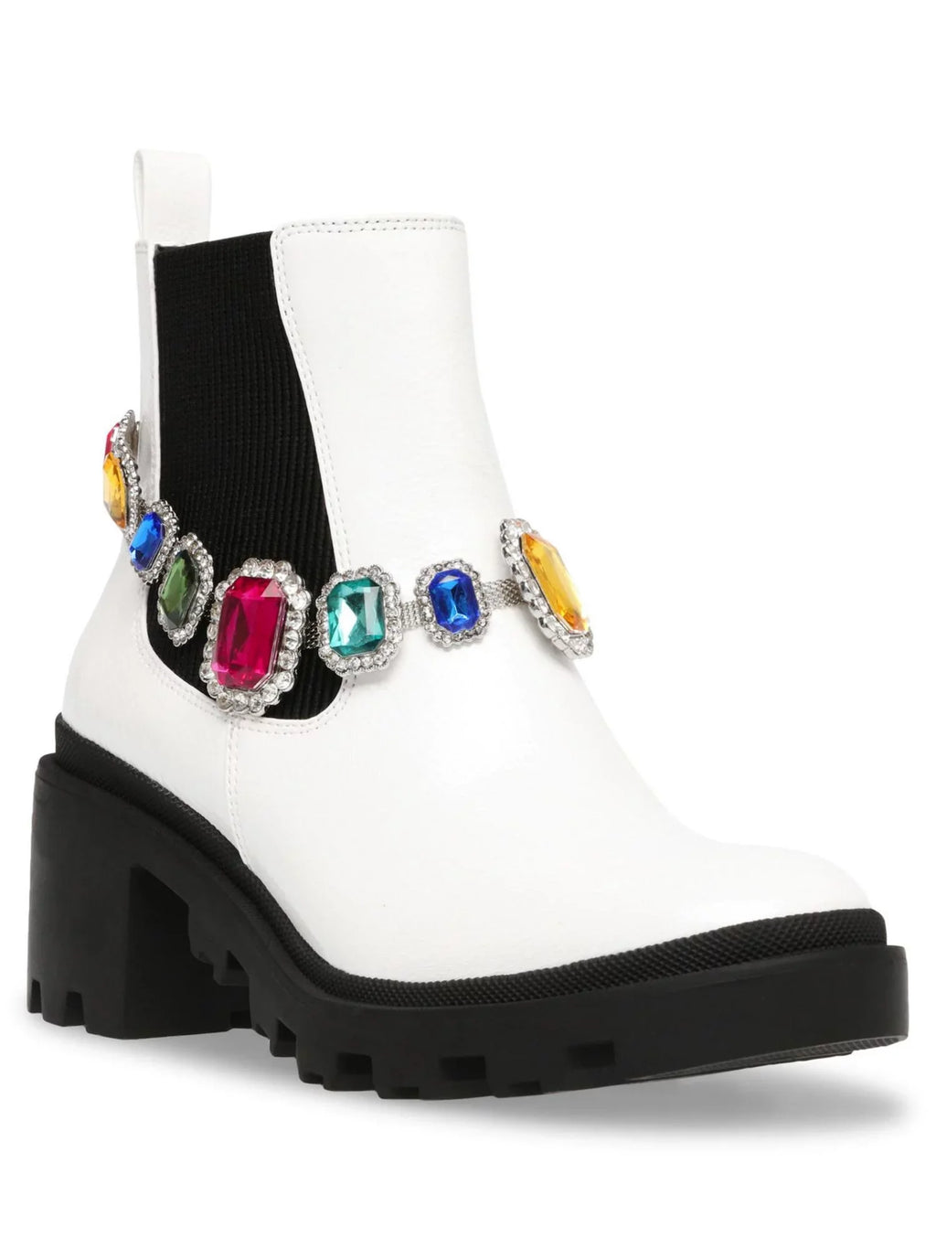 Womens White Gem Accent Strap Pull Tab 1" Platform Goring Padded Jenesis Round Toe Block Heel Moto 7
