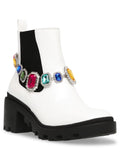 Womens White Gem Accent Strap Pull Tab 1" Platform Goring Padded Jenesis Round Toe Block Heel Moto 7