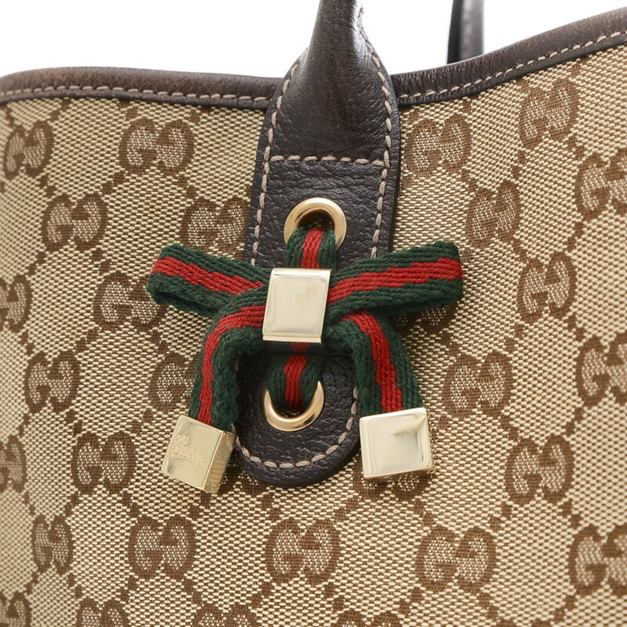 Pre-Owned Gucci  Pattern Princess Ribbon Tote Bag Canvas Leather Beige Brown 163805 (Good)