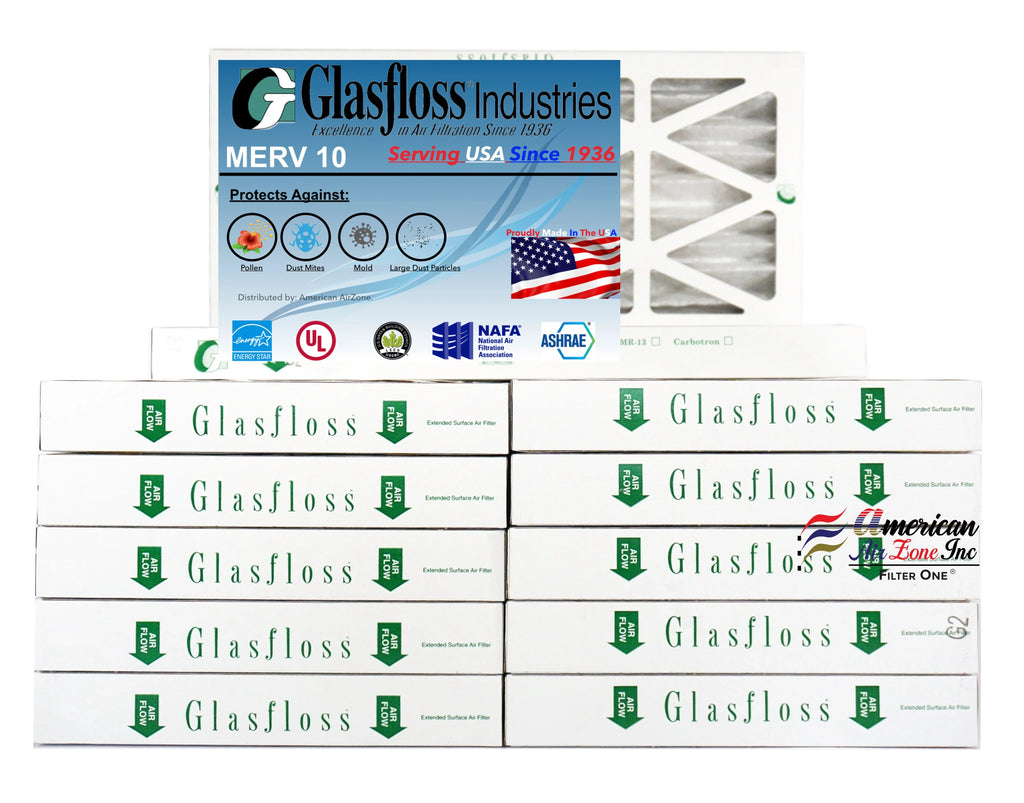 Glasfloss Air Filter 10x25x2 - 2"  10 - (Pack of 12) - Pleated  or  Air Filter - Furnace Air Filter - Home or Office - Made In The .