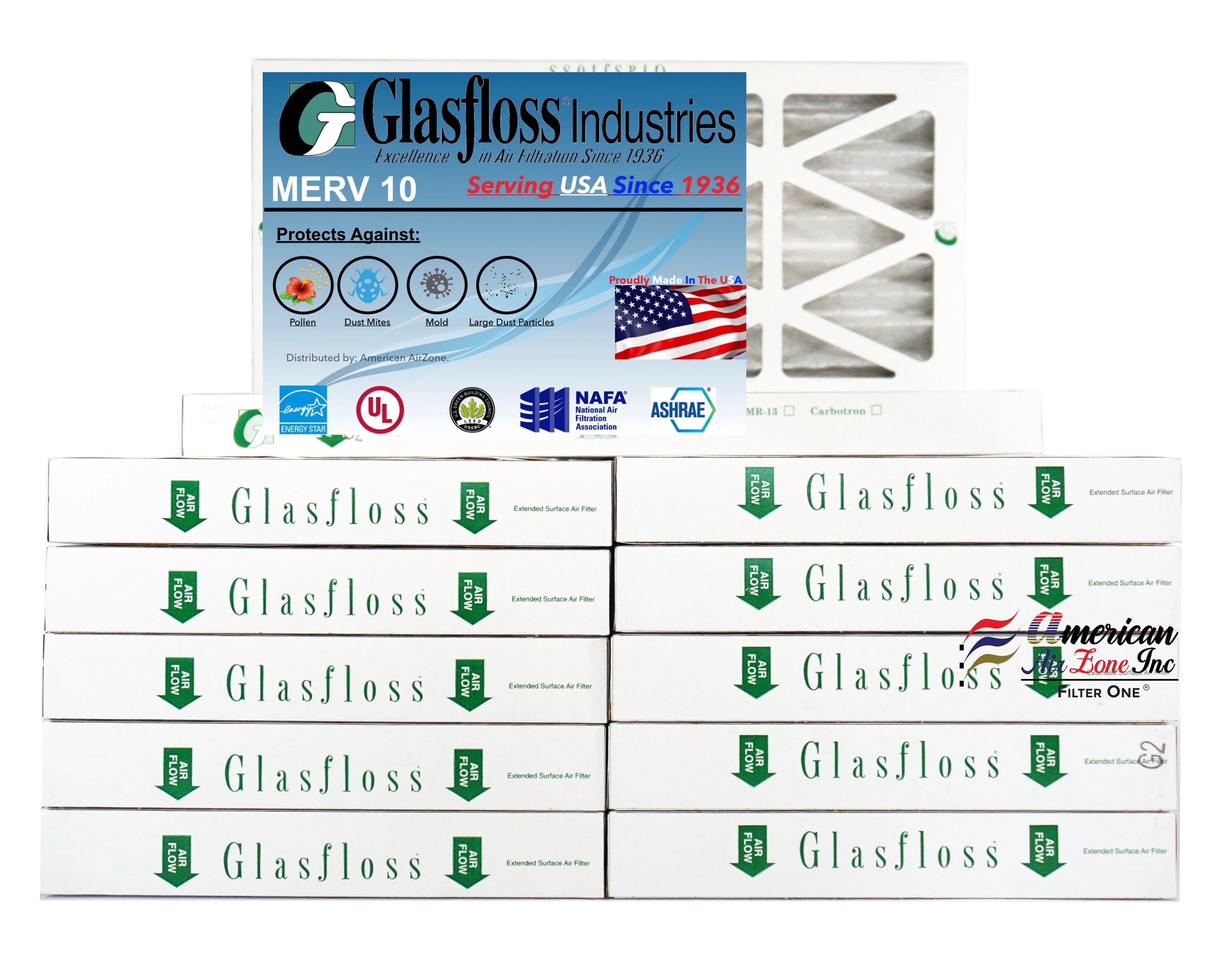 Glasfloss Air Filter 10x25x2 - 2"  10 - (Pack of 12) - Pleated  or  Air Filter - Furnace Air Filter - Home or Office - Made In The .