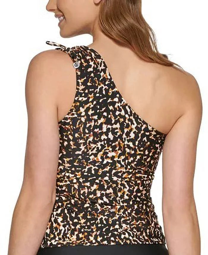 Women's Printed One Shoulder Tankini Top Swimsuit Black Size Medium
