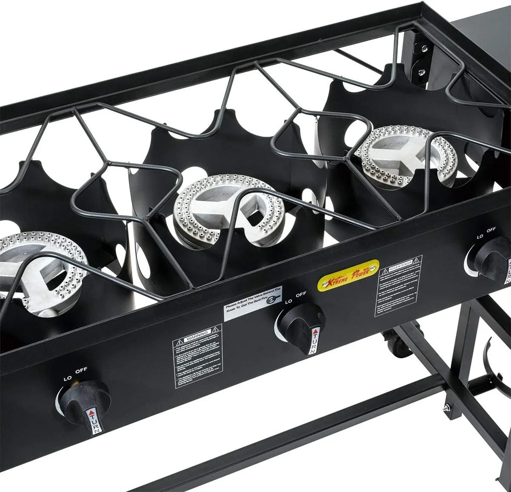Portable Propane 87,000- Triple-Burner Outdoor Camp Stove Side Table Patio Cooking Wheel /Regulator 4 Hook Utensil Holder