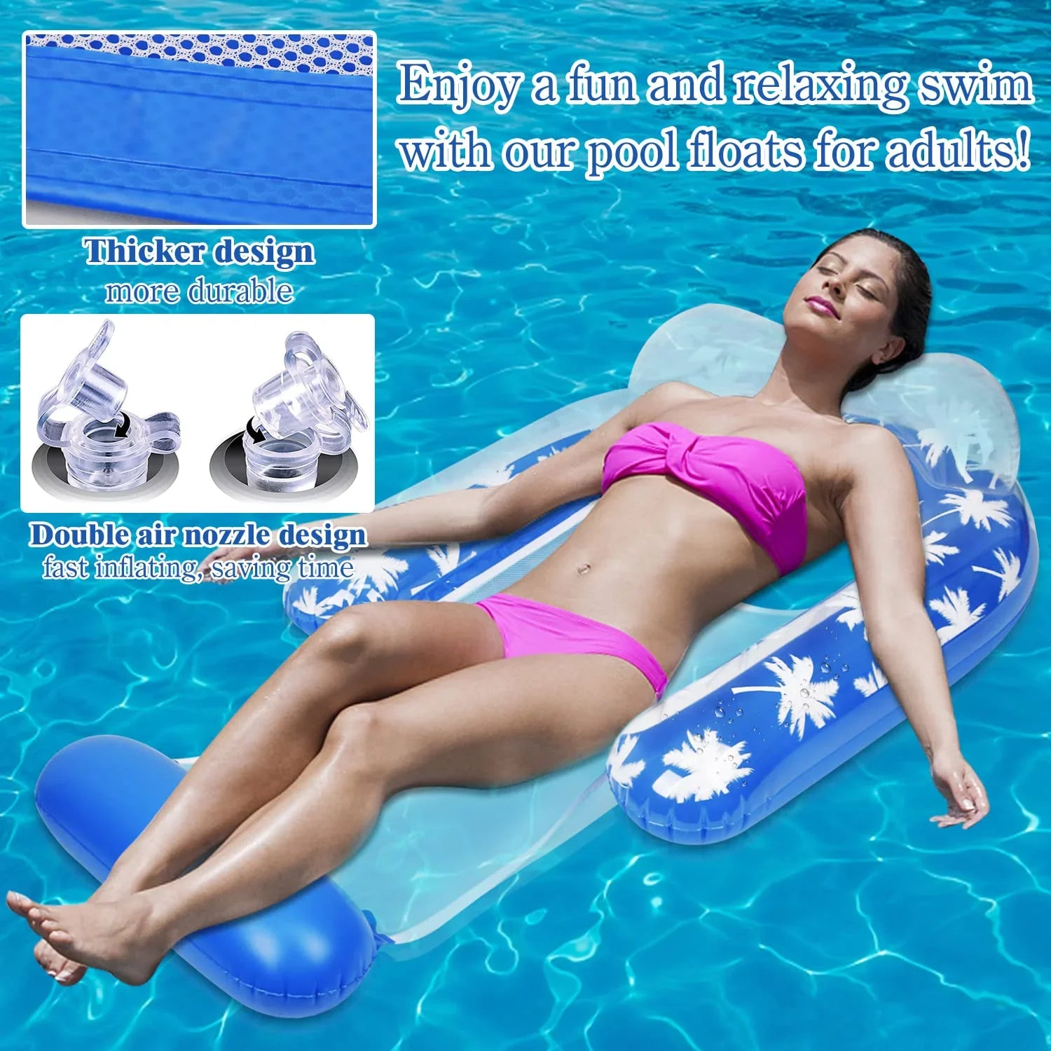 2 Pack Inflatable Pool Chair Float for Adults with Headrest Comfortable Contour Design Perfect for Relaxation, Pool Parties, and Beach Lounging