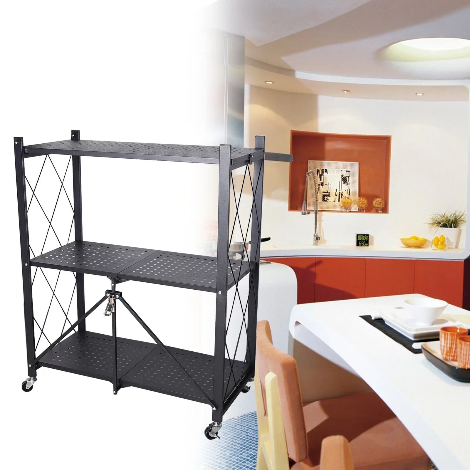 Miumaeov 3-Tier Kitchen Foldable Metal Rolling Trolley Cart Movable Utility Rack Storage Shelves Holder with Wheel (Black)