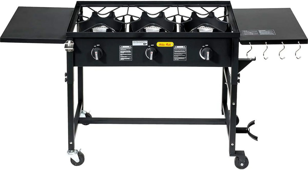 Portable Propane 87,000- Triple-Burner Outdoor Camp Stove Side Table Patio Cooking Wheel /Regulator 4 Hook Utensil Holder