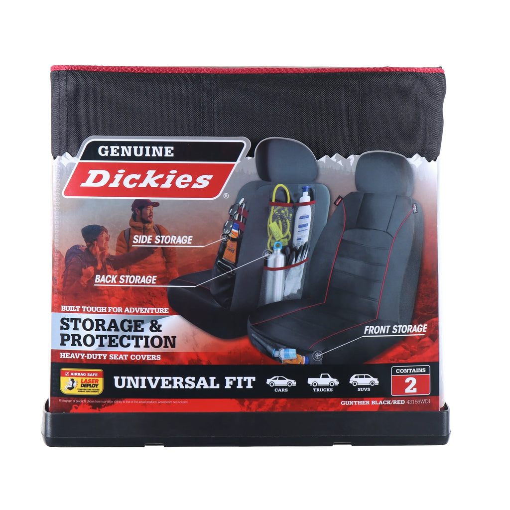 Genuine Dickies 2 Piece Universal Front Car Seat Covers with Storage - Black and Red, 43156WDI