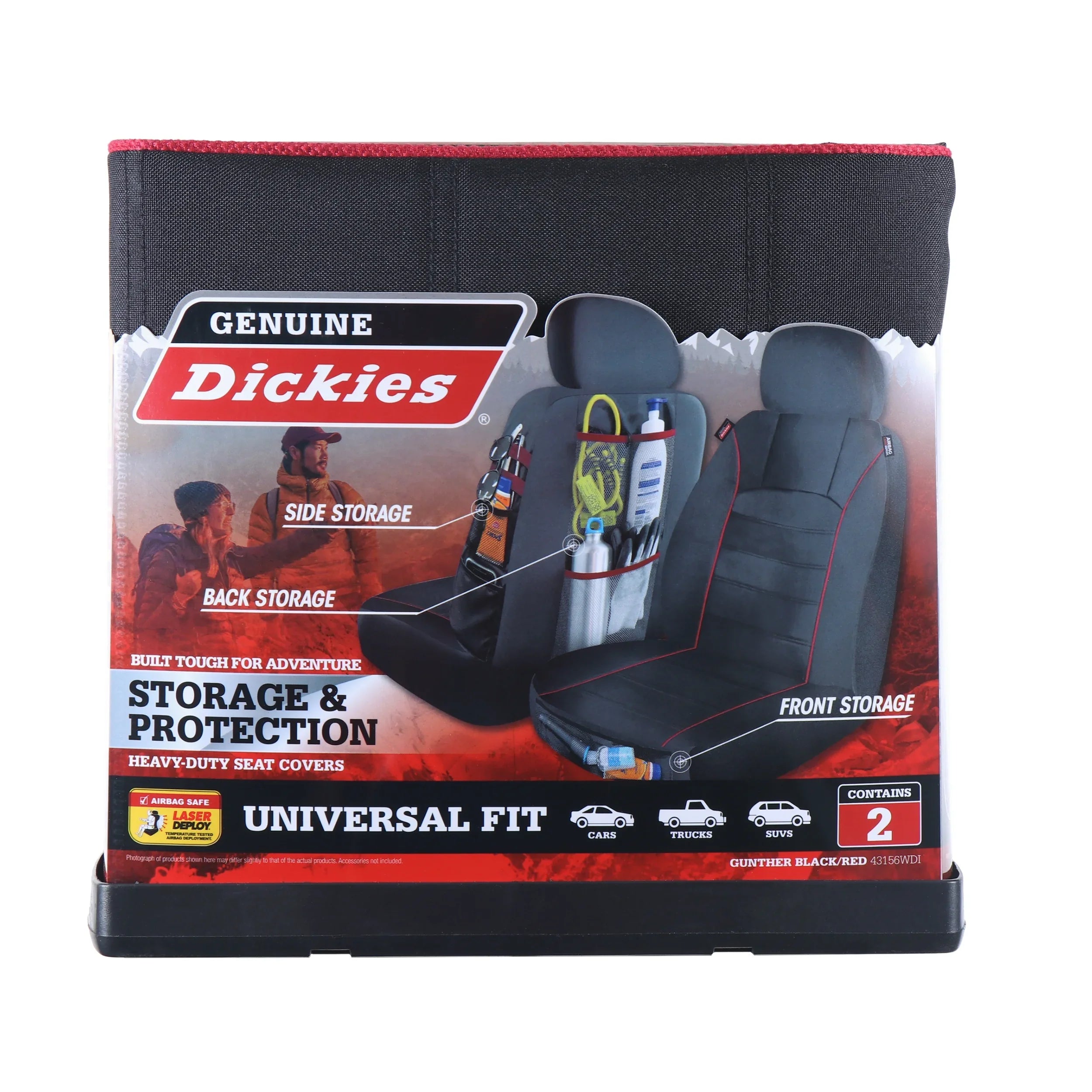 Genuine Dickies 2 Piece Universal Front Car Seat Covers with Storage - Black and Red, 43156WDI
