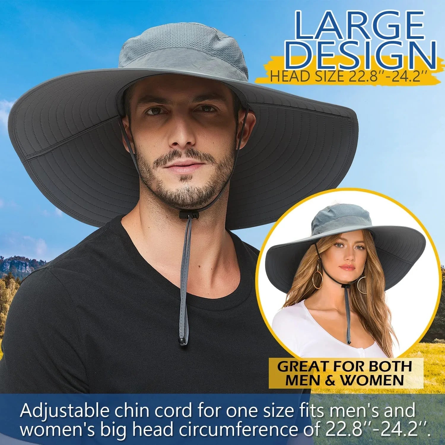 Super Wide Brim Sun Hat- 50+ Protection,Waterproof Bucket Hat for Fishing, Hiking, Camping,Breathable Nylon & Mesh