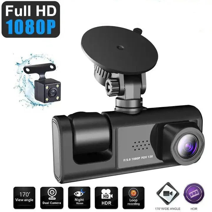 3 Channel Dash cam, 2-inch Screen Driving Recorder, High-Definition 1080P, Night Vision, Loop recording, Motion Detection, -Sensor +32   Card