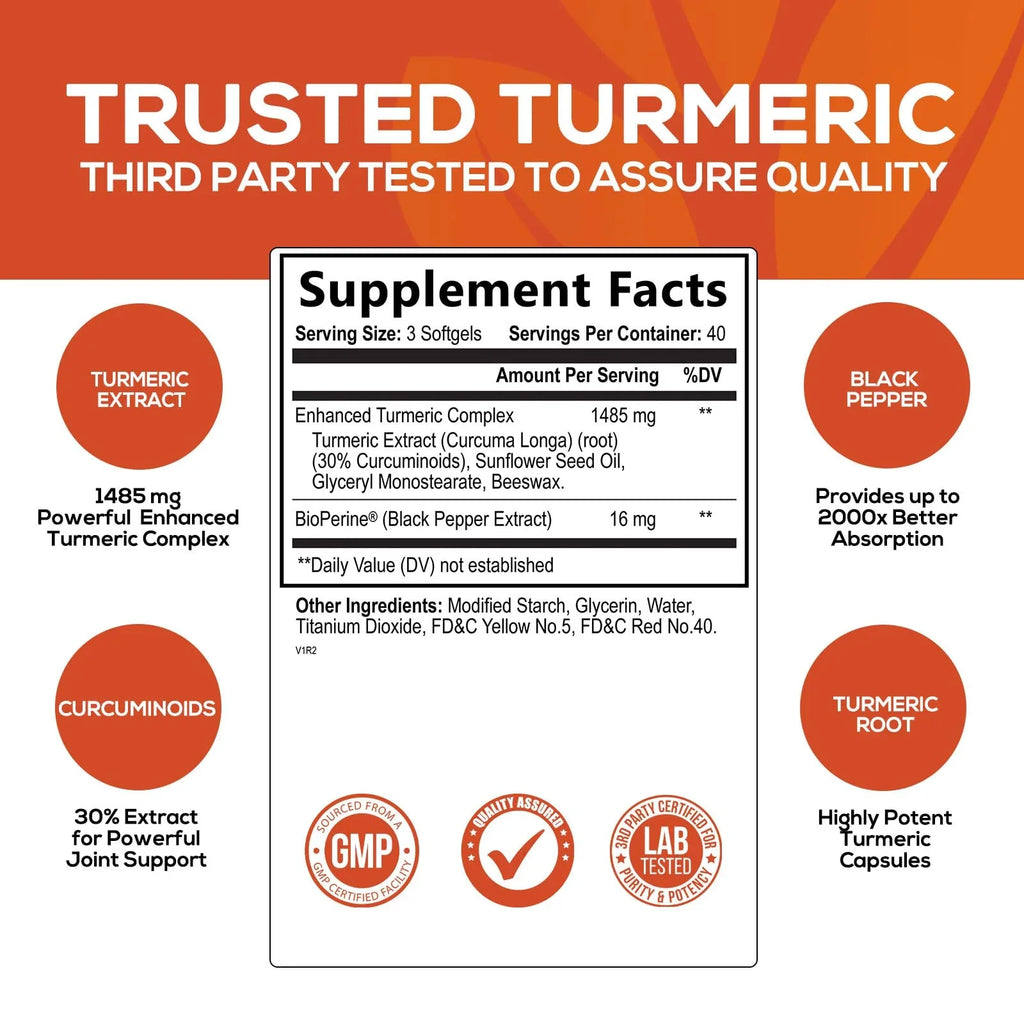 Turmeric Curcumin with BioPerine 95% Standardized Curcuminoids 1500mg Black Pepper Extract for Max Absorption, Premium Joint Support, Nature's Tumeric Herbal Supplement, Non-, Vegan - 120 Capsules