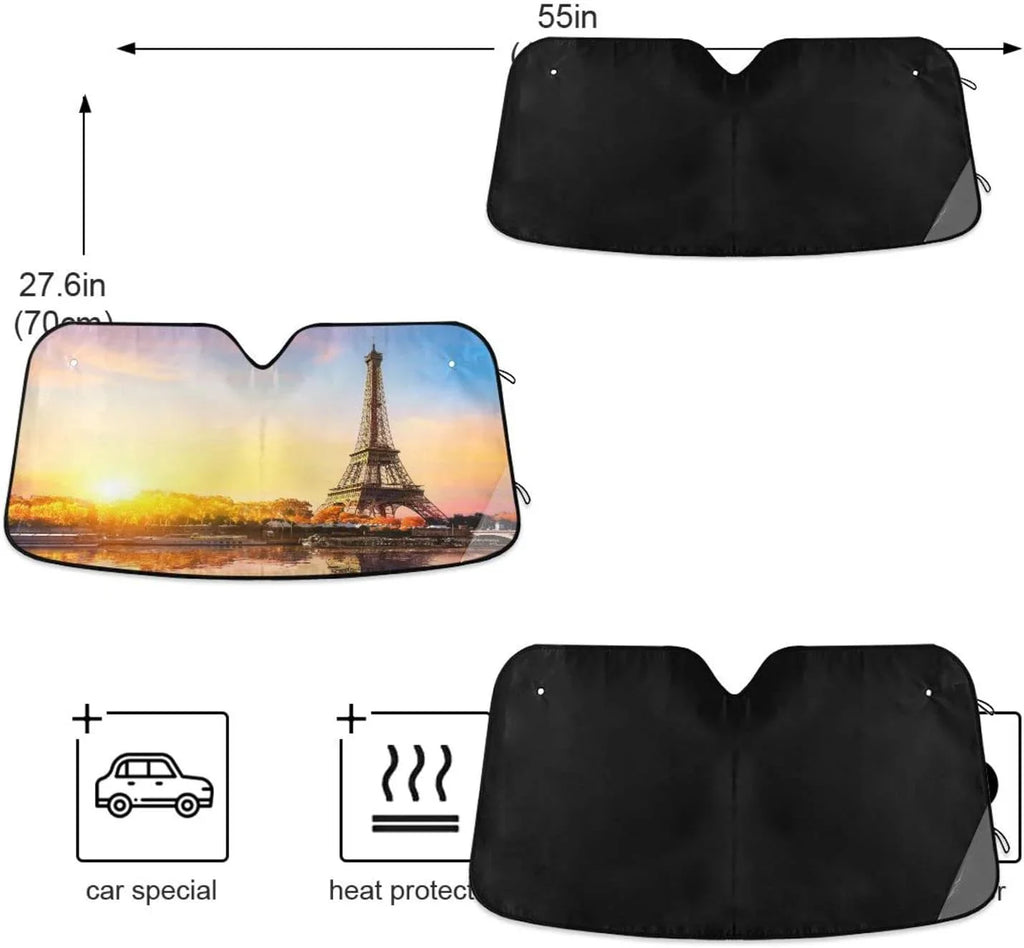 Wellsay Beautiful Paris Tower Car Windshield Sun Shade,oldable Visor Protector Keep Cool Sunshade Blocks  Rays and Accessories to Protect for Cars,SUVs,Trucks-55×27.6in