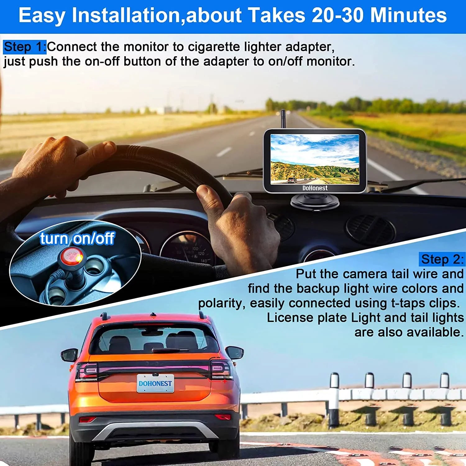 DoHonest Wireless Backup Camera 7-Inch: Plug and Play Easy to Install Truck Car Monitor Kit  1080P Bluetooth Reverse Cam for Pickup Camper Van Stable Signal 2 Channel Night vision Auto-Switching