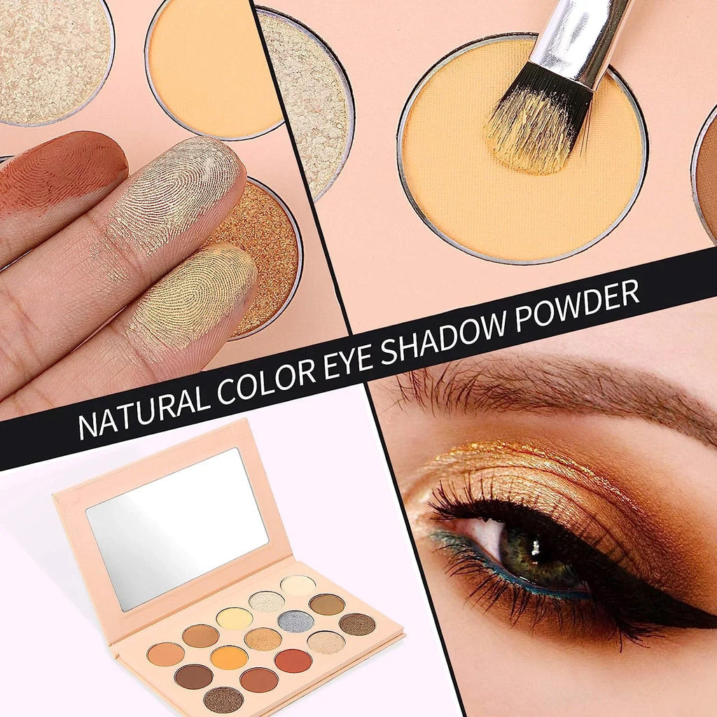 Vodisa Colorful Eyeshadow Palette Matte Shimmer High Pigmented Eyeshadow Pallet 15 Colors Professional Makeup Nudes Warm Natural Long Lasting Waterproof Eye Shadow with Make Up Brushes Set (