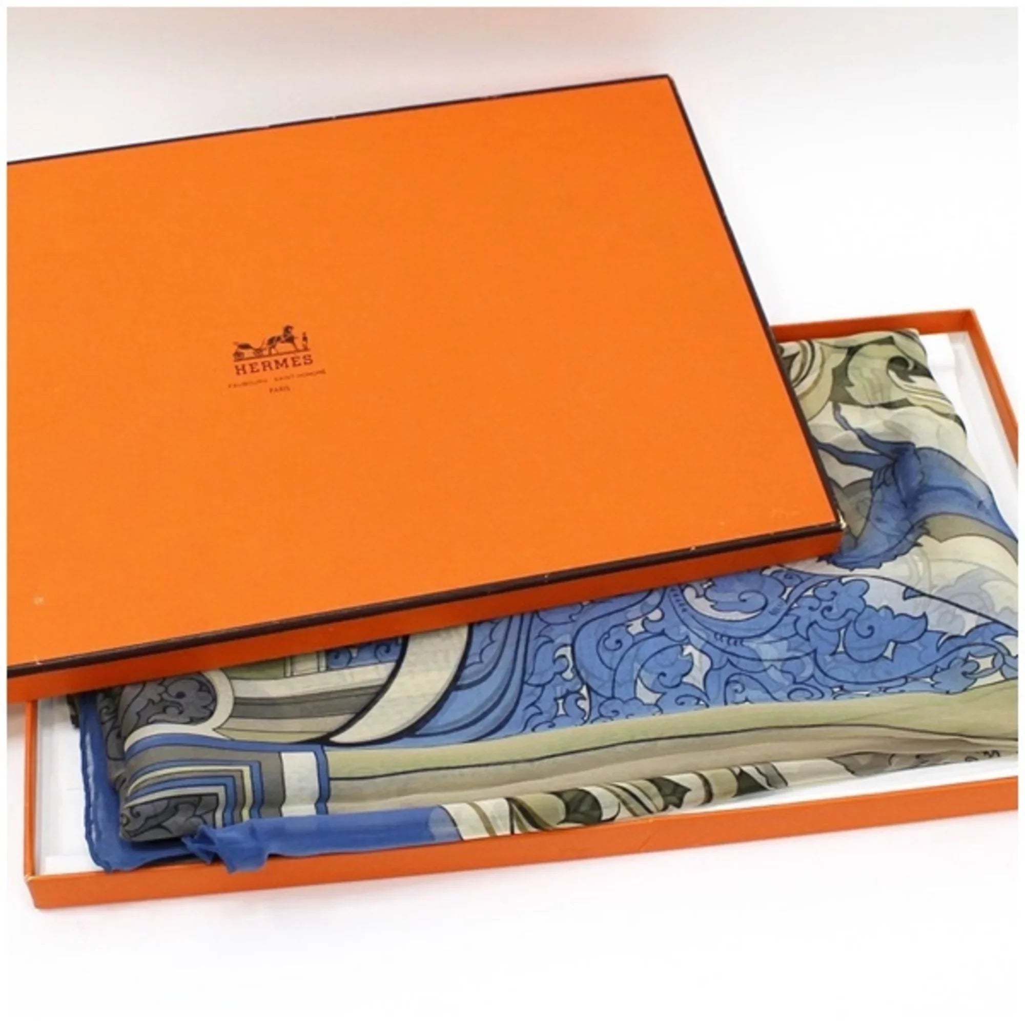 Pre-Owned Hermes Silk Scarf Muffler Carre 140 " " Animals of the Sun Blue  Ladies Chiffon (Good)