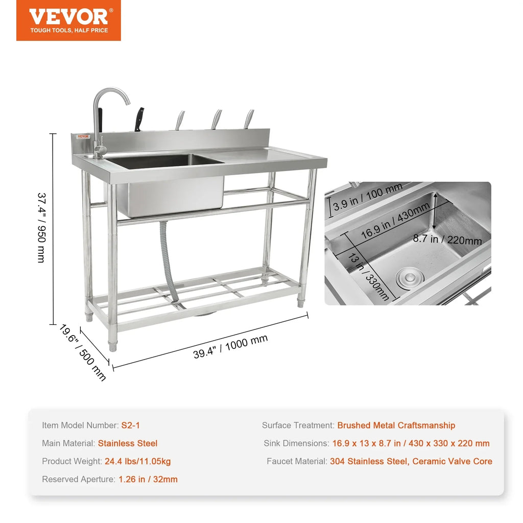 Stainless Steel Utility Sink Single Bowl w/Workbench 39.4 x 19.1 x 37.4 in