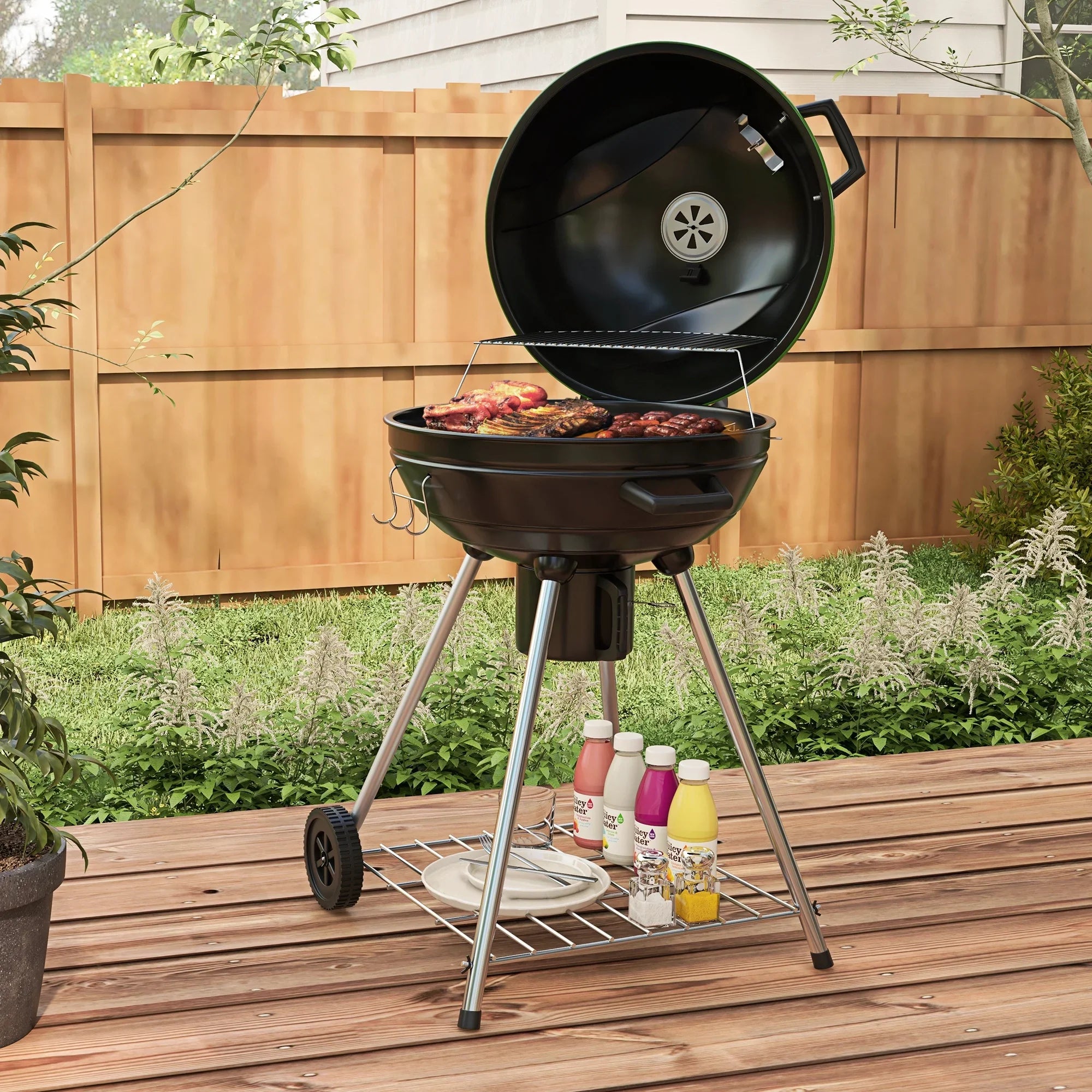CoSoTower 21" Kettle Charcoal  Grill Trolley with 360 Sq.In. Cooking Area, Outdoor Barbecue with Shelf, Wheels, Ash Catcher and Built-In Thermometer for Patio, Backyard Party, Green