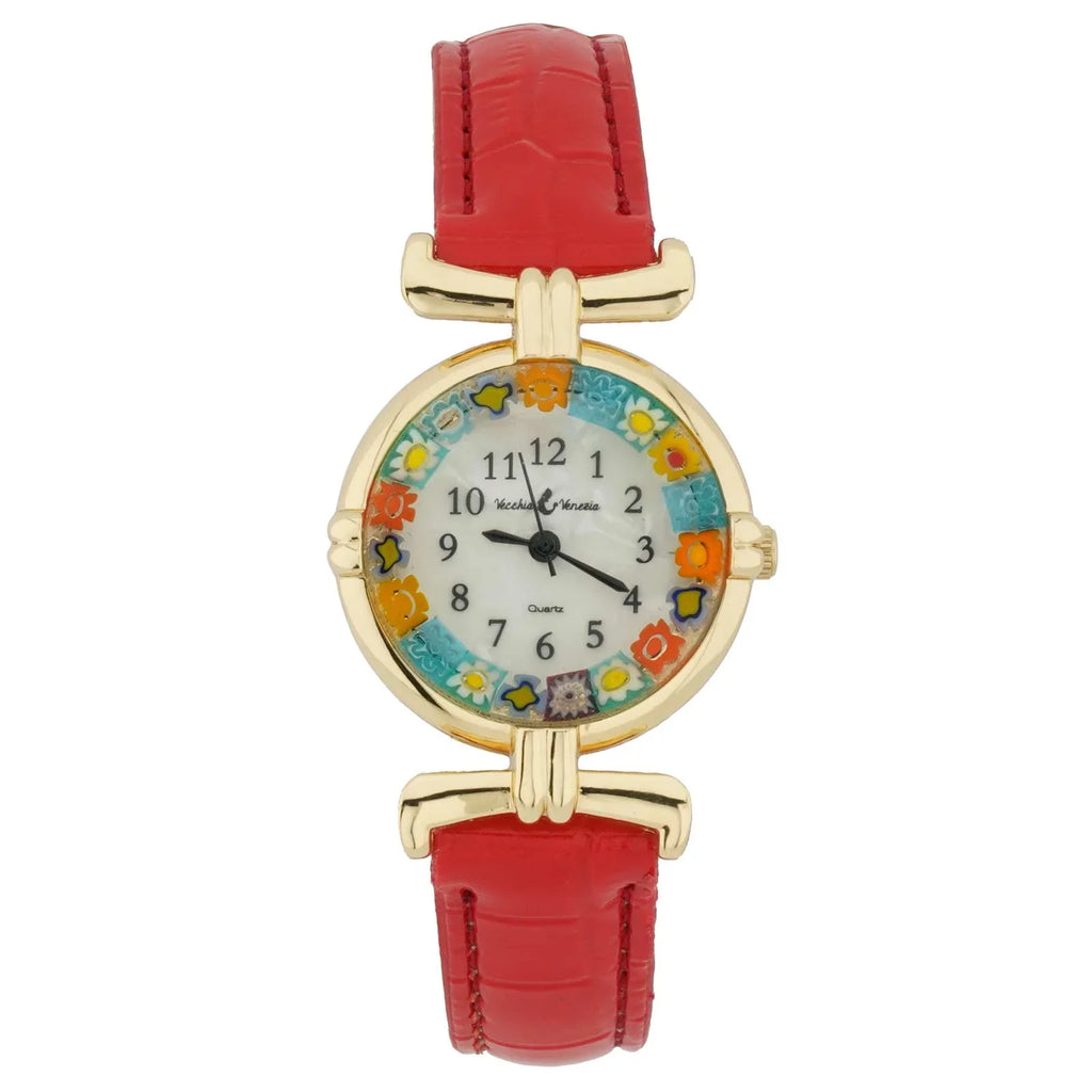 GlassOfVenice Murano Glass Millefiori Watch with Leather Band - Red Multicolor