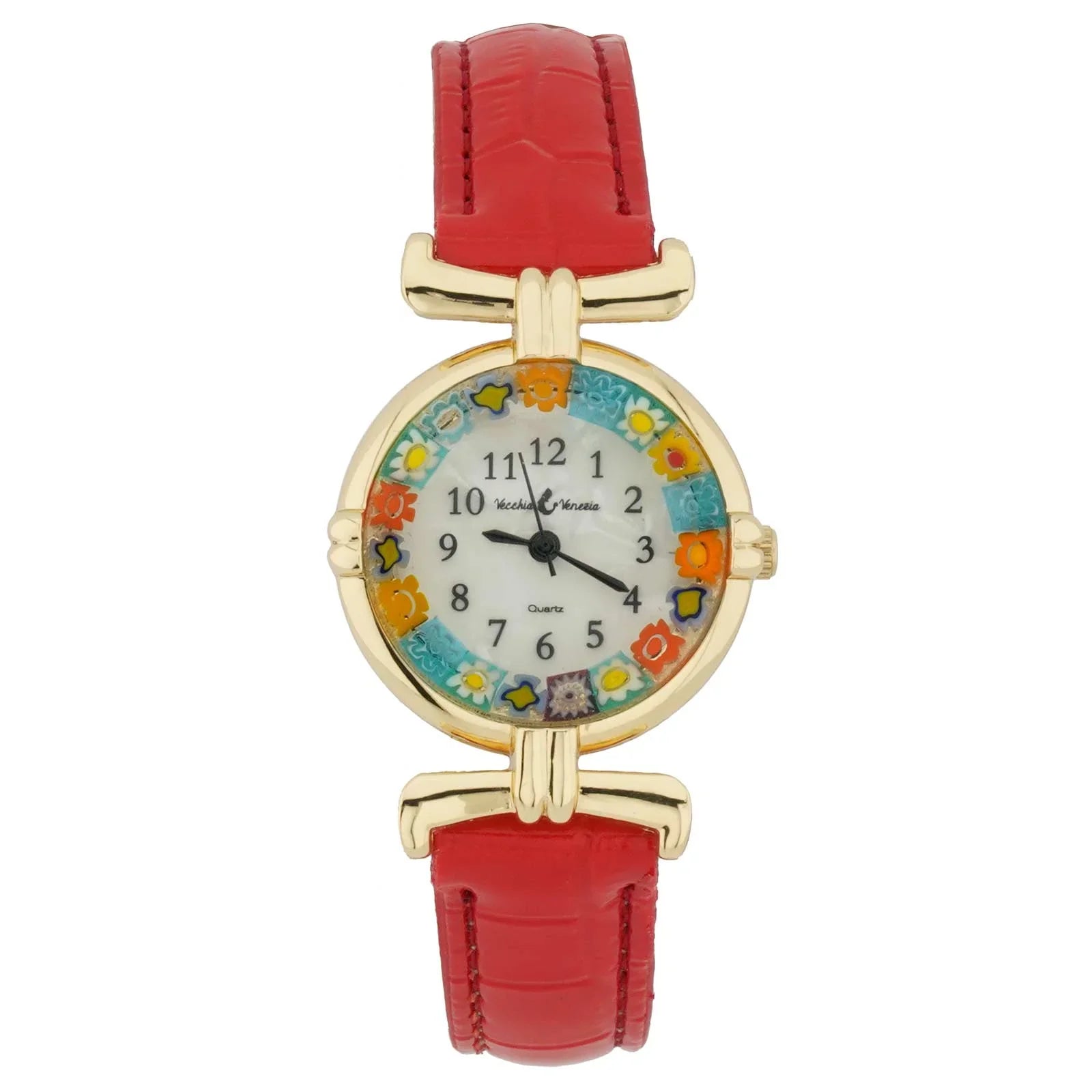 GlassOfVenice Murano Glass Millefiori Watch with Leather Band - Red Multicolor